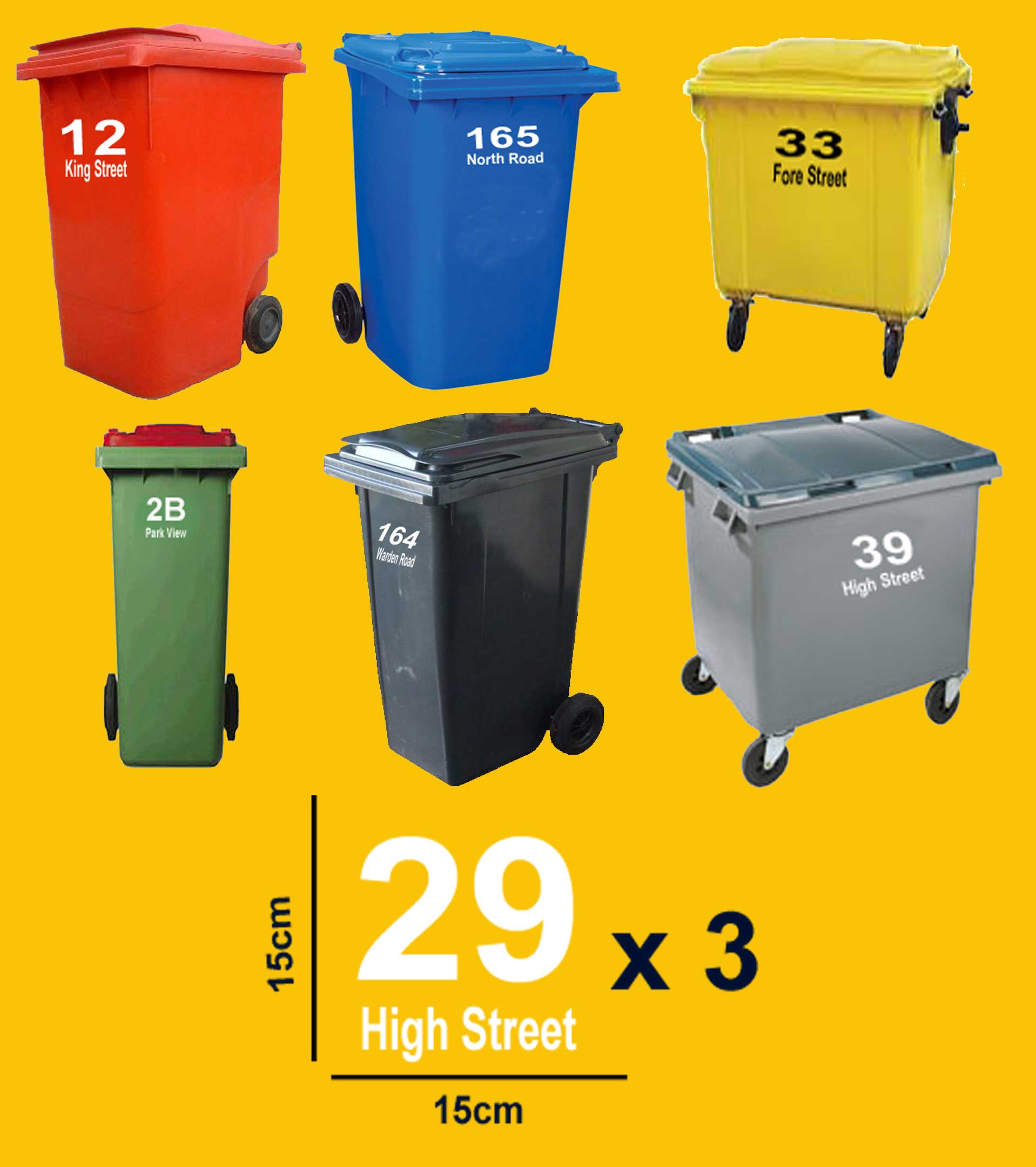 3 x Custom Wheelie Bin Numbers and Address Bin Stickers Street Name Number 600231734318 eBay